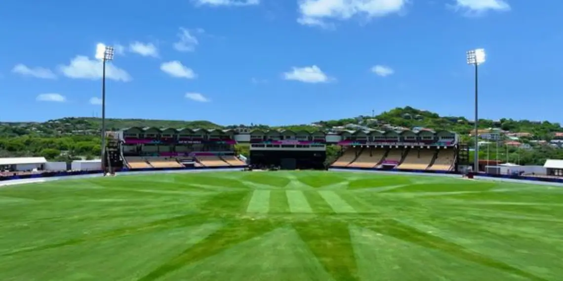 Daytime view of the Daren Sammy Cricket Ground with its well-manicured pitch and iconic grandstands under a bright Saint Lucian sky.