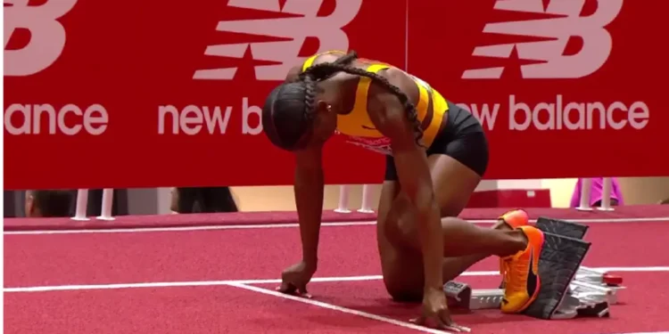 Julien Alfred at the starting blocks during the New Balance Indoor Grand Prix, where Alfred smashes 300m national record.
