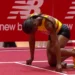 Julien Alfred at the starting blocks during the New Balance Indoor Grand Prix, where Alfred smashes 300m national record.