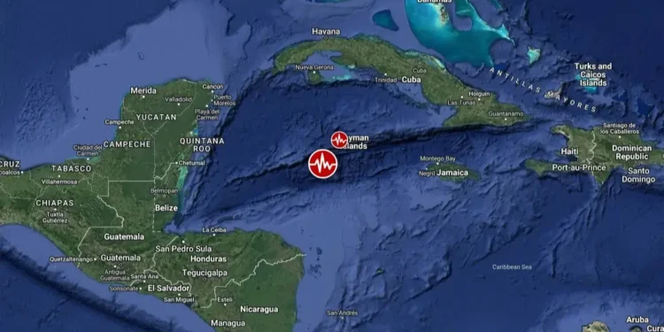 Map showing the epicenter of the 7.6-magnitude Cayman Islands earthquake in the Caribbean Sea.