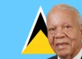 Sir John Compton independence legacy honored with his portrait against the Saint Lucia flag, symbolizing his role in the nation’s sovereignty.