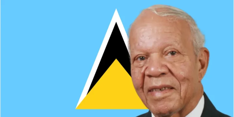 Sir John Compton independence legacy honored with his portrait against the Saint Lucia flag, symbolizing his role in the nation’s sovereignty.