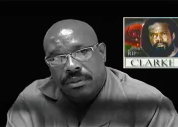 St Lucia Minister Richard Frederick, accused of having knowledge of Afo Clarke’s brutal murder, pictured alongside an overlay of Clarke’s memorial image.