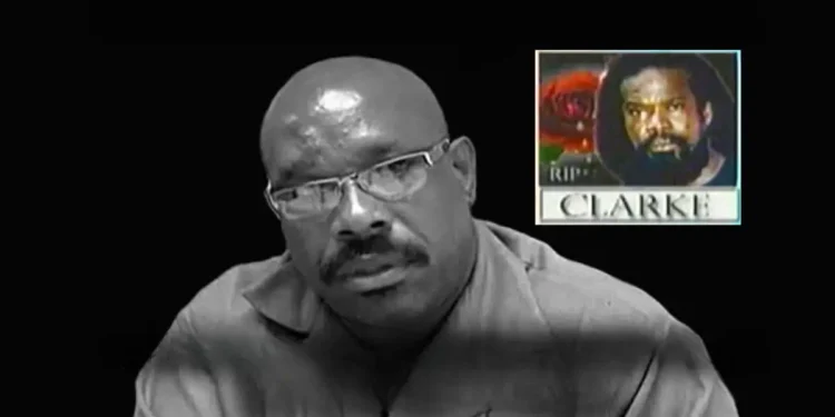 St Lucia Minister Richard Frederick, accused of having knowledge of Afo Clarke’s brutal murder, pictured alongside an overlay of Clarke’s memorial image.