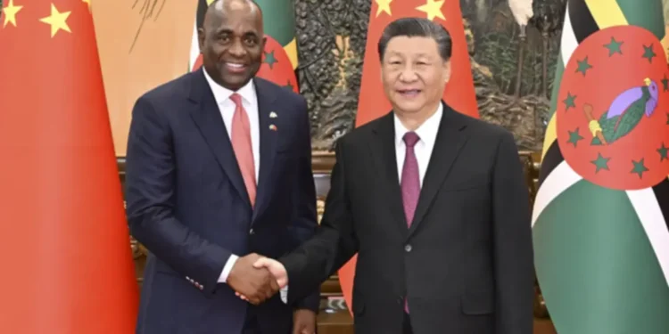 Chinese President Xi Jinping and Dominica’s PM Roosevelt Skerrit discuss a Chinese distribution center in Dominica.