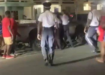 SLP supporters brutally attack police officers in Anse la Raye, shoving and striking uniformed law enforcement during a chaotic meeting.