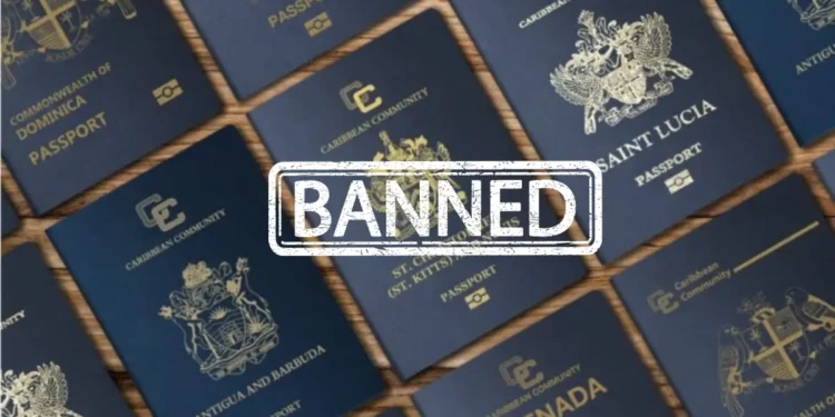Caribbean passports with a banned stamp, highlighting Trump's crackdown on Caribbean Golden Passports after EU’s 2023 warning.