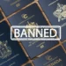 Caribbean passports with a banned stamp, highlighting Trump's crackdown on Caribbean Golden Passports after EU’s 2023 warning.