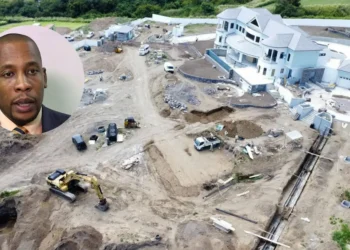 Aerial view of the ECCB Governor 22M mansion under construction, showing heavy machinery and luxury design amid financial controversy.