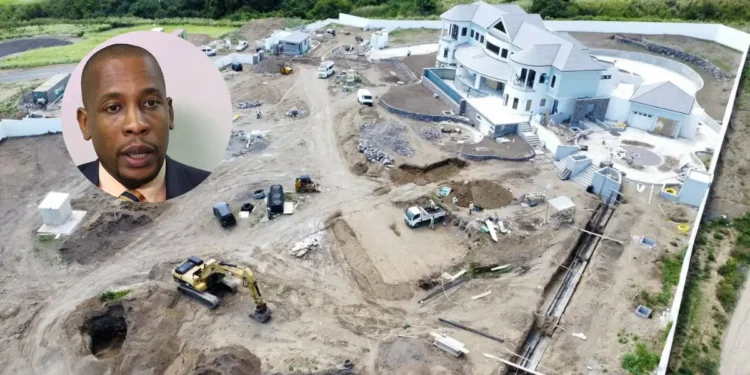 Aerial view of the ECCB Governor 22M mansion under construction, showing heavy machinery and luxury design amid financial controversy.