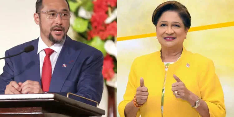 Trinidad election 2025 rivals: Prime Minister Stuart Young speaks at a podium, while opposition leader Kamla Persad-Bissessar poses confidently in yellow.