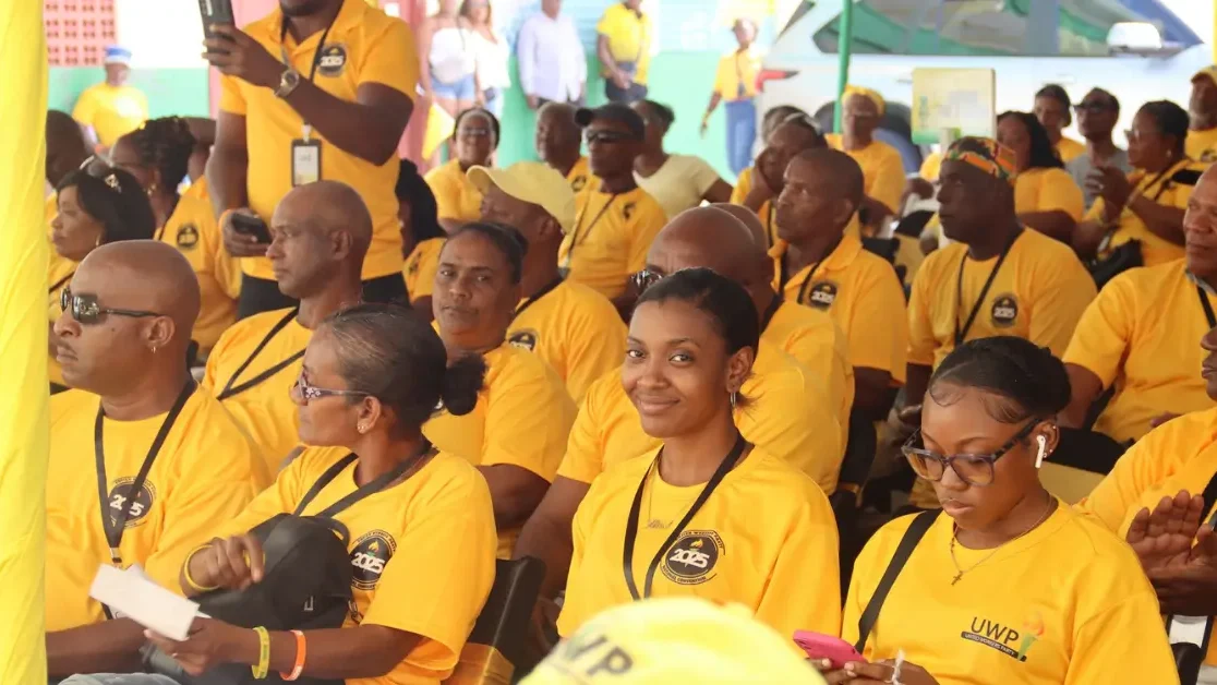 A vibrant crowd of UWP supporters attentively listens during the UWP Hosts Successful 43rd Convention in St Lucia, showcasing strong grassroots participation.
