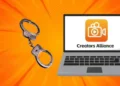 Handcuffs and laptop with Creators Alliance logo, symbolizing the Creators Alliance kingpin arrested in Grenada digital fraud case