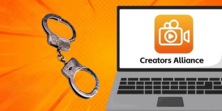 Handcuffs and laptop with Creators Alliance logo, symbolizing the Creators Alliance kingpin arrested in Grenada digital fraud case
