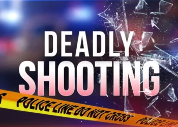 Fatal Fond Assau shooting graphic with shattered glass and police line tape