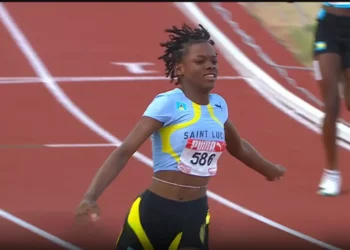 Jady Emmanuel crosses the finish line to win 100m sprint gold for Saint Lucia at CARIFTA 2025