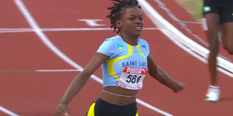 Jady Emmanuel crosses the finish line to win 100m sprint gold for Saint Lucia at CARIFTA 2025