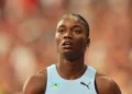 Julien Alfred sets national record in the women’s 300 meters at the 2025 Miramar Invitational, representing St Lucia.