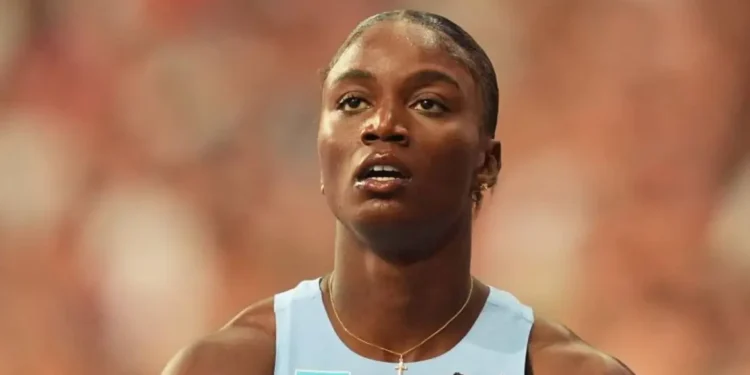 Julien Alfred sets national record in the women’s 300 meters at the 2025 Miramar Invitational, representing St Lucia.