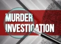 Graphic showing murder investigation concept with fingerprint and magnifying glass, related to Kade JnBaptiste murder suspect case