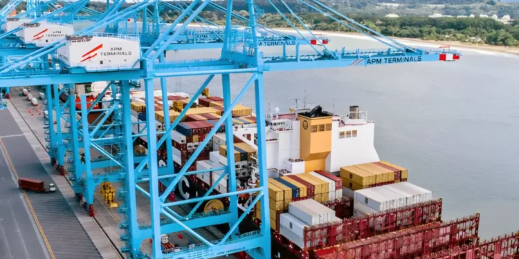 Container ship at Caribbean port terminal amid US shipping tariff debate