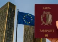 Hand holding a Malta passport in front of the European Court of Justice with the EU flag waving, symbolizing the EU court golden passport ruling.
