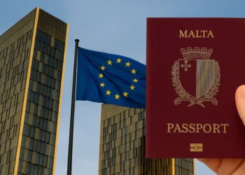 Hand holding a Malta passport in front of the European Court of Justice with the EU flag waving, symbolizing the EU court golden passport ruling.