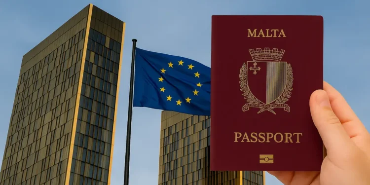 Hand holding a Malta passport in front of the European Court of Justice with the EU flag waving, symbolizing the EU court golden passport ruling.
