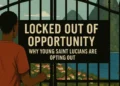 Illustration of a young St Lucian looking through a gate, symbolizing how St Lucians are opting out due to lack of opportunity.
