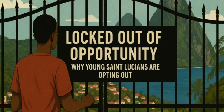 Illustration of a young St Lucian looking through a gate, symbolizing how St Lucians are opting out due to lack of opportunity.