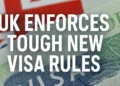 UK visa with British flag, illustrating UK Enforces Tough New Visa Rules to prioritize skilled workers.