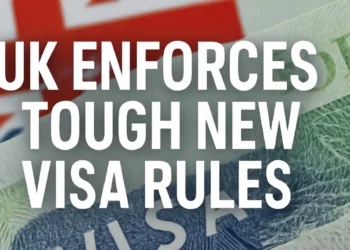 UK visa with British flag, illustrating UK Enforces Tough New Visa Rules to prioritize skilled workers.