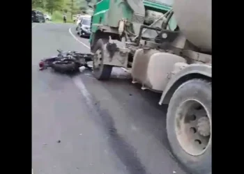 Concrete truck and motorcycle at the scene of Bexon fatal motorcycle crash