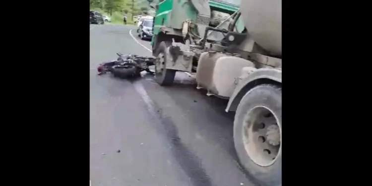 Concrete truck and motorcycle at the scene of Bexon fatal motorcycle crash