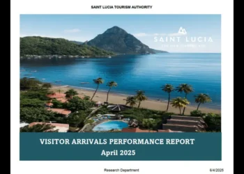 Cover of the St Lucia tourism slide report showing Piton backdrop and beach resort – April 2025