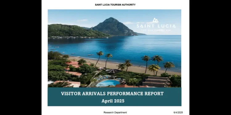 Cover of the St Lucia tourism slide report showing Piton backdrop and beach resort – April 2025
