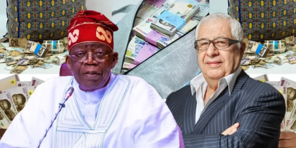 Tinubu visit to St Lucia triggers airport shutdown outrage Tinubu and Gilbert Chagoury with background of Nigerian currency bags symbolizing Lagos port contract corruption scandal