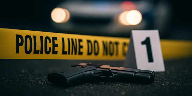 Crime scene with gun and police tape after Black Mallet shooting in St Lucia