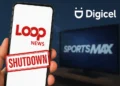 Digicel pulls plug on Loop News with shutdown banner on phone screen, SportsMax logo blurred in background.