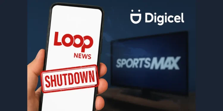 Digicel pulls plug on Loop News with shutdown banner on phone screen, SportsMax logo blurred in background.