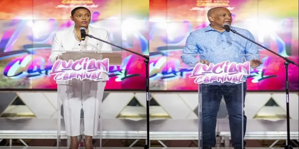 Tourism Minister Ernest Hilaire and Carnival Chair Tamara Gibson at Lucian Carnival 2025