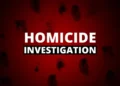 Marchand shooting homicide investigation graphic with red background.