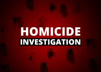 Marchand shooting homicide investigation graphic with red background.