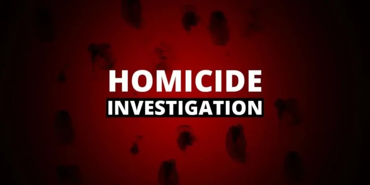 Marchand shooting homicide investigation graphic with red background.