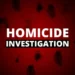 Marchand shooting homicide investigation graphic with red background.
