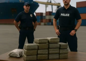 Image depicting officers and cannabis packages at a shipping port during St Lucia Drug Trafficking Crackdown