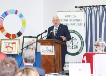 Allen Chastanet addresses members at the St Lucia Chamber political forum at Coco Palm Hotel