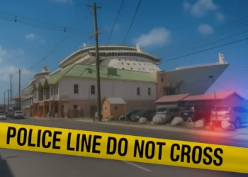 Police tape blocks street after daylight shooting in Castries with blurred buildings and police lights.