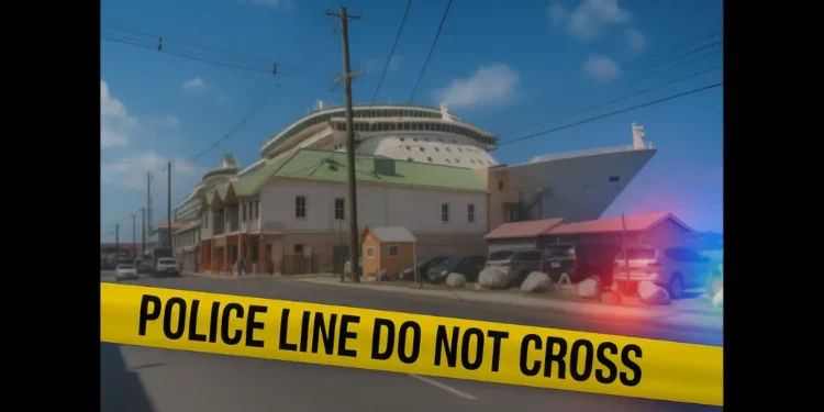 Police tape blocks street after daylight shooting in Castries with blurred buildings and police lights.