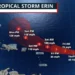Erin storm update showing forecast track and wind speeds as the system moves toward the northern Leeward Islands in August 2025